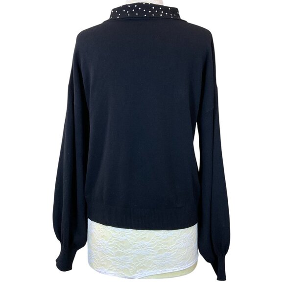 LIV Milano Long Balloon Sleeve Black Sweater Rhinestone Embellished Collar XL - Picture 4 of 7